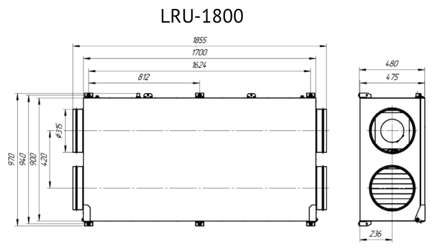 Габаритные размеры LRU-1800-PNEN-FP, мм — Приточно-вытяжная установка Supervent LRU-1800-PNEN-FP